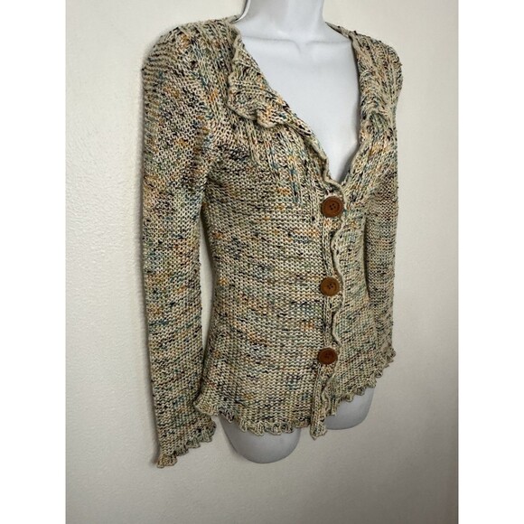 BCBG MAXAZRIA Womens Tan Confetti Big Button Cardigan Sweater S 90s Y2K - Picture 2 of 6